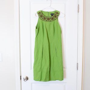 Boho VTG Bead Dress Linen Blend Embroidered Green Mini Sleeveless Bright Spring